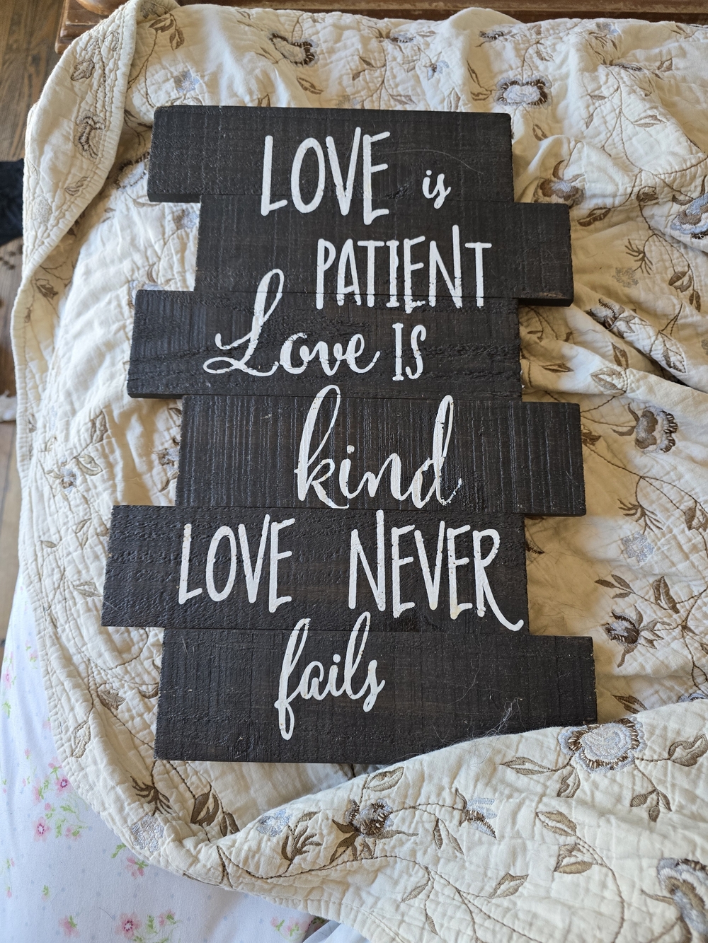 Rustic Black Wood Wall Sign - "Love is Patient, Love is Kind"